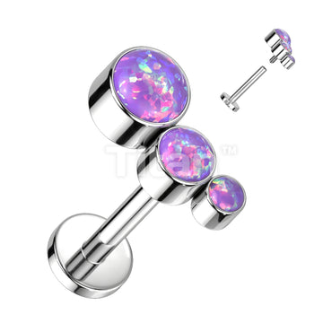 Implant Grade Titanium Internally Threaded Labret With Descending Bezel Set 3 Opal Curved Top - Image 4