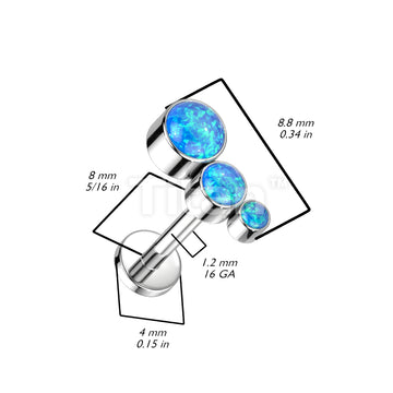 Implant Grade Titanium Internally Threaded Labret With Descending Bezel Set 3 Opal Curved Top - Image 5