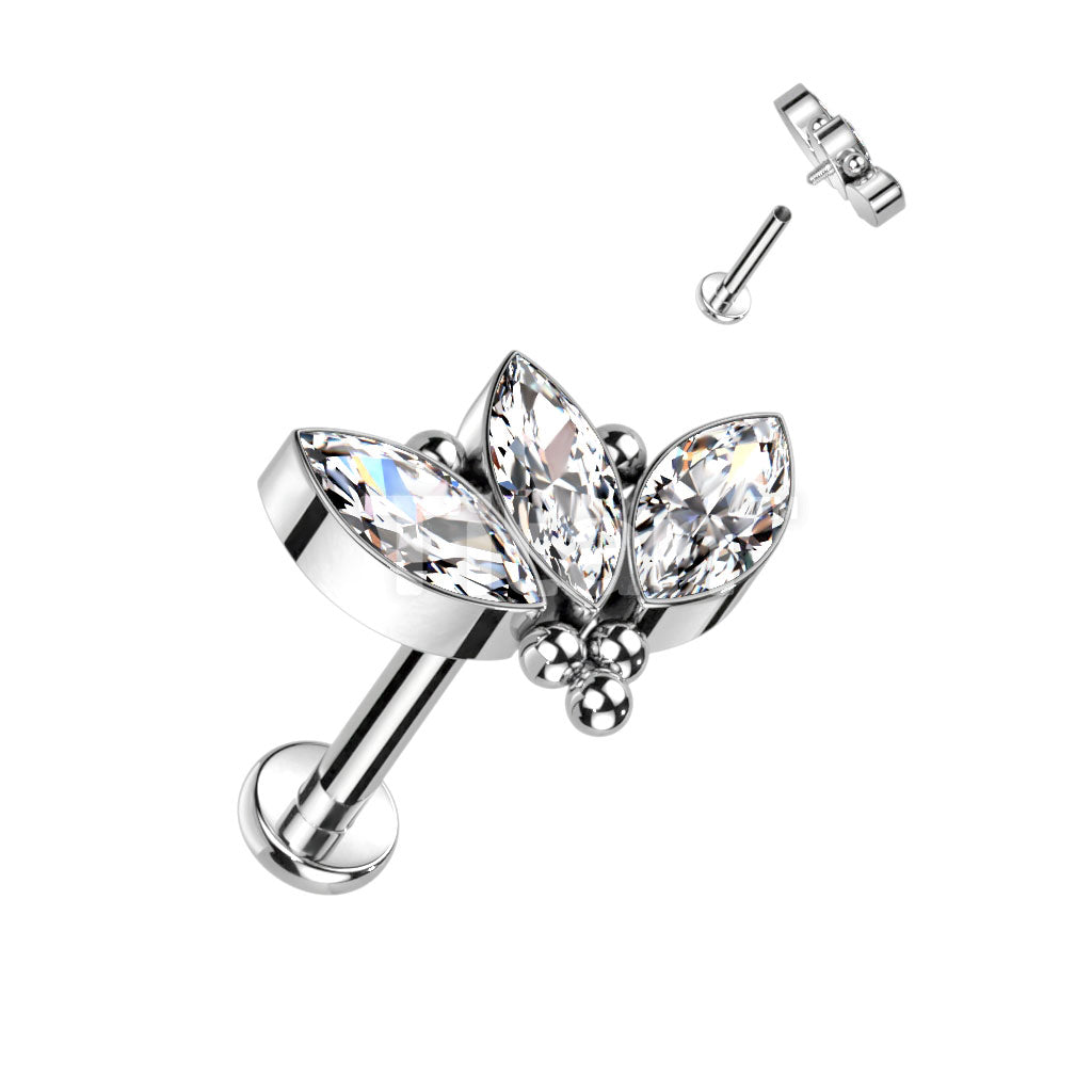 Implant Grade Titanium Internally Threaded Labret With 3 Marquise CZ and Ball Cluster Top - Image 2