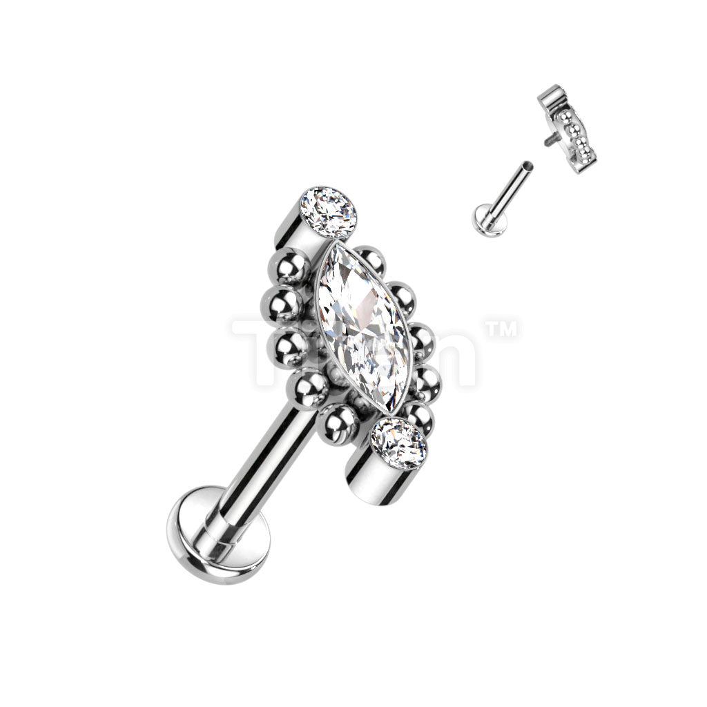 Implant Grade Titanium Internally Threaded Labret With Beaded Ball Edge Marquise CZ Center and 2 Round CZ Top - Image 2