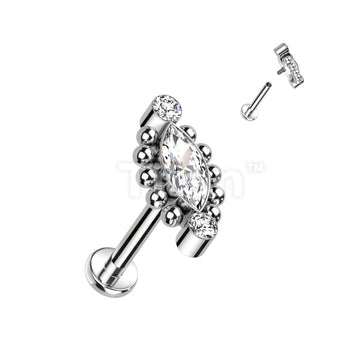 Implant Grade Titanium Internally Threaded Labret With Beaded Ball Edge Marquise CZ Center and 2 Round CZ Top - Image 2
