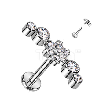 Implant Grade Titanium Internally Threaded Labret With CZ Flower Center and Double Bezel Set CZs on Each Side Top - Image 3