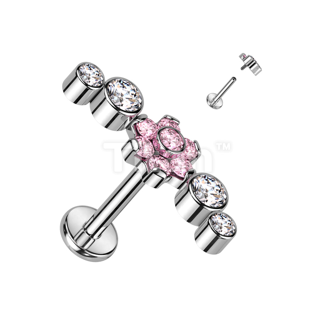 Implant Grade Titanium Internally Threaded Labret With CZ Flower Center... - Image 4
