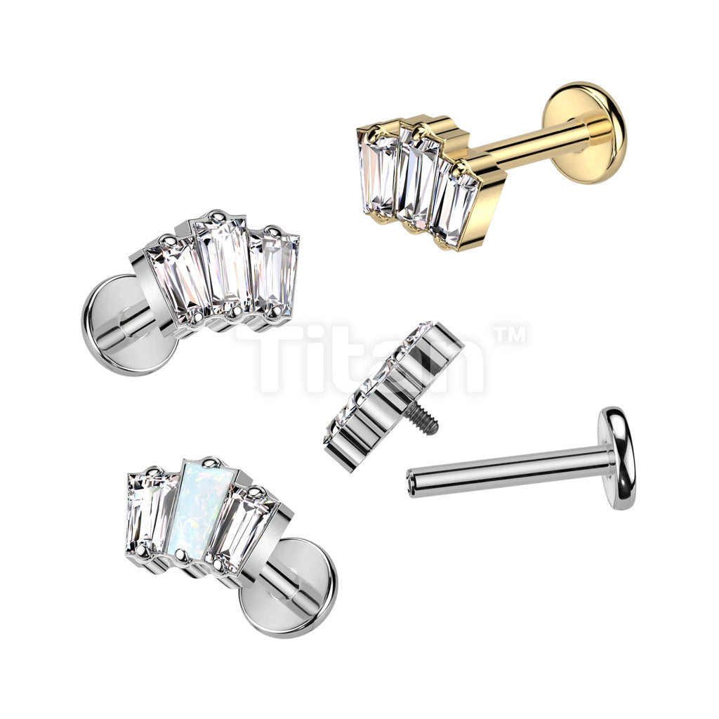 Implant Grade Titanium Internally Threaded 3 Baguette Top With CZ or Opal Center Labret