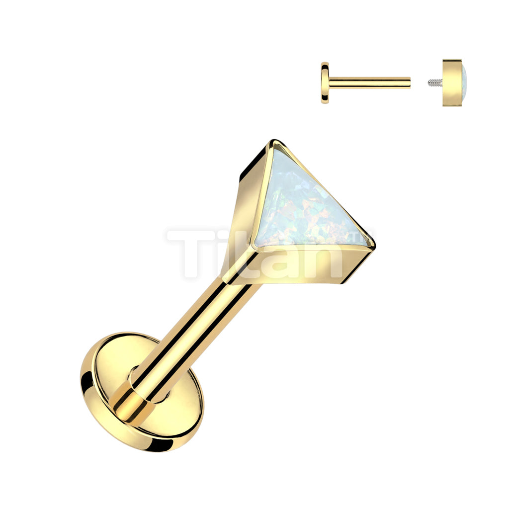 Implant Grade Titanium Internally Threaded Labret With Bezel Set Triangle Opal Top - Image 2