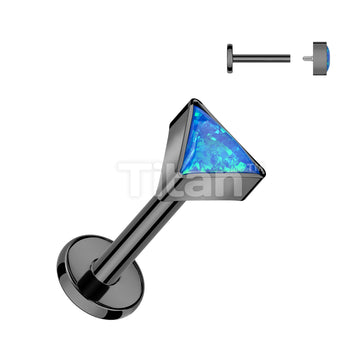 Implant Grade Titanium Internally Threaded Labret With Bezel Set Triangle Opal Top - Image 3