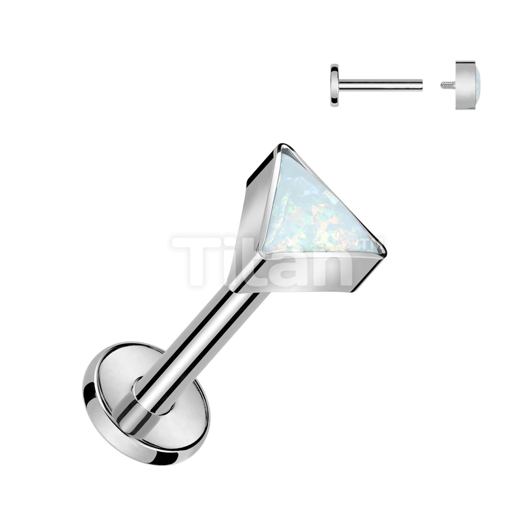 Implant Grade Titanium Internally Threaded Labret With Bezel Set Triangle Opal Top - Image 4