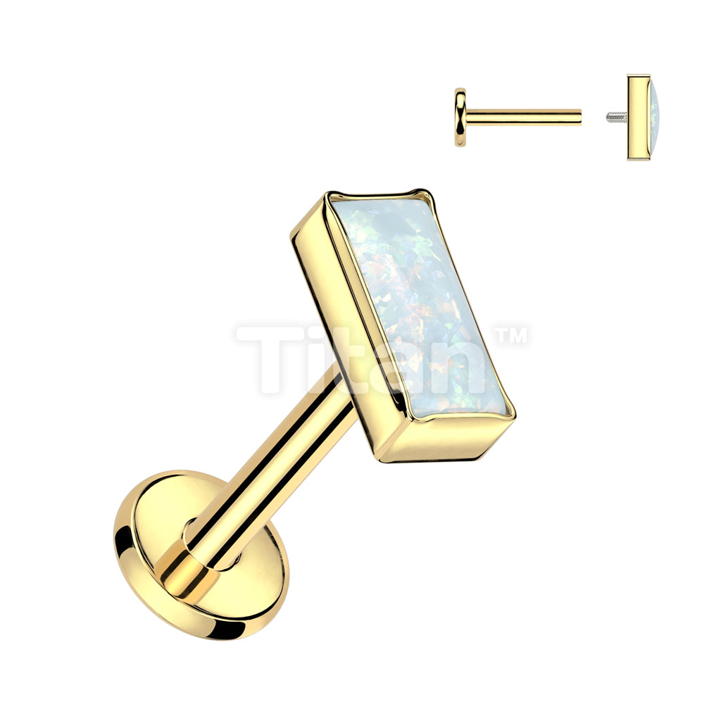 Implant Grade Titanium Internal Thread Labret With Rectangular Bezel Set Opal Top - Image 2