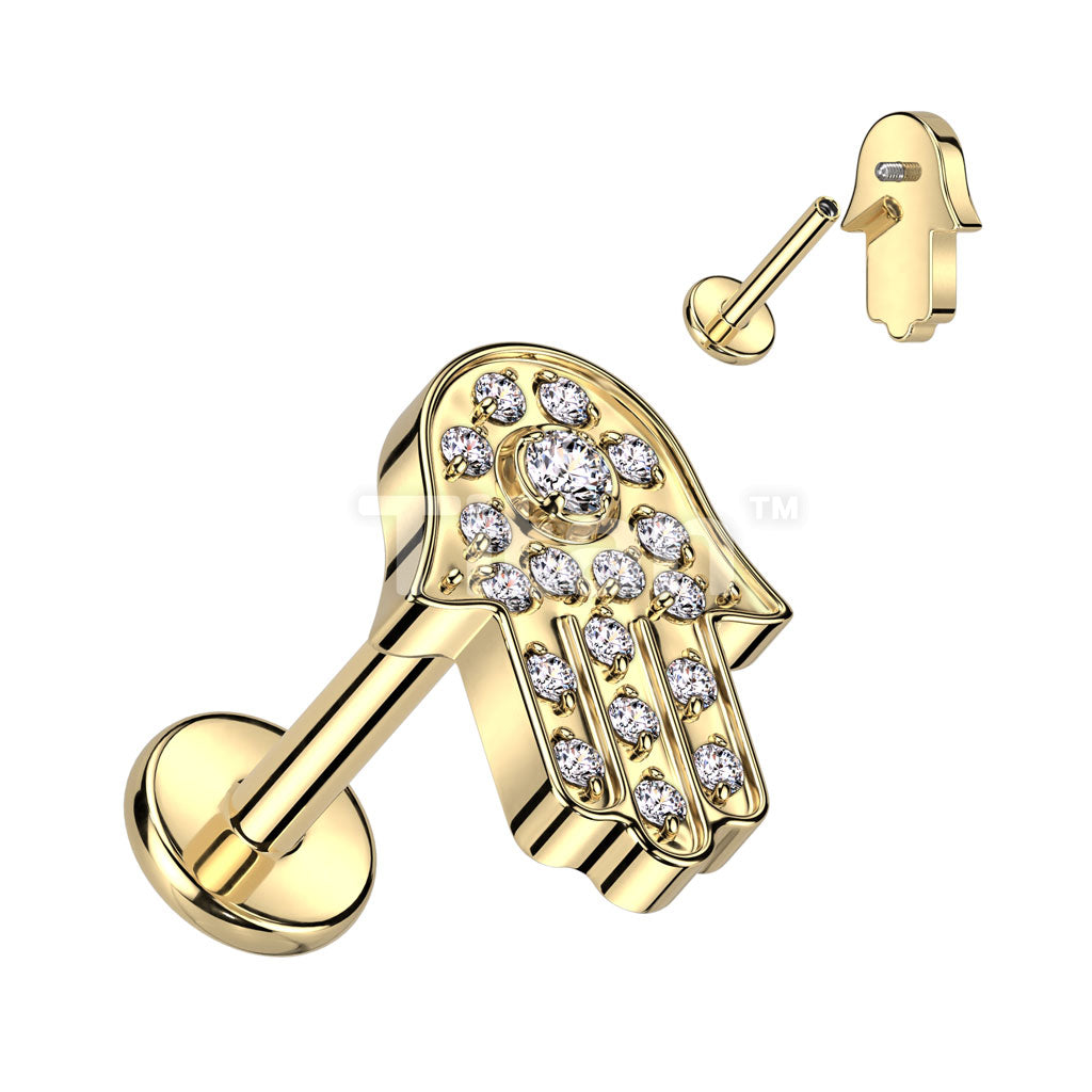 Implant Grade Titanium Internally Threaded Labret With Hamsa Pave CZ Top - Image 2