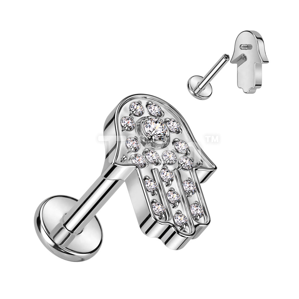 Implant Grade Titanium Internally Threaded Labret With Hamsa Pave CZ Top - Image 3