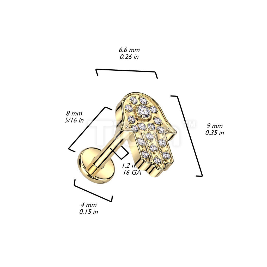 Implant Grade Titanium Internally Threaded Labret With Hamsa Pave CZ Top - Image 4