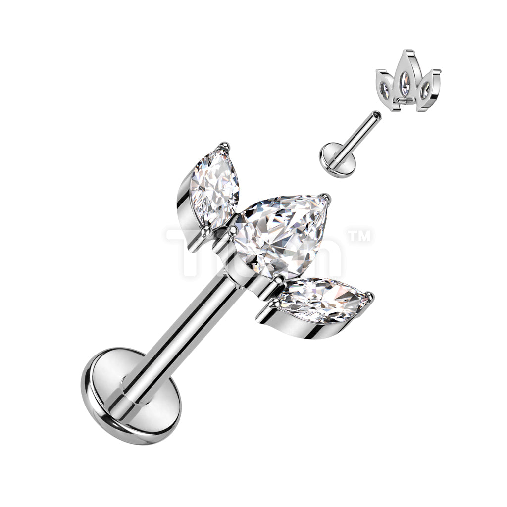 Implant Grade Titanium Internally Threaded Labret With Pear CZ Between 2 Marquise CZ Top - Image 3