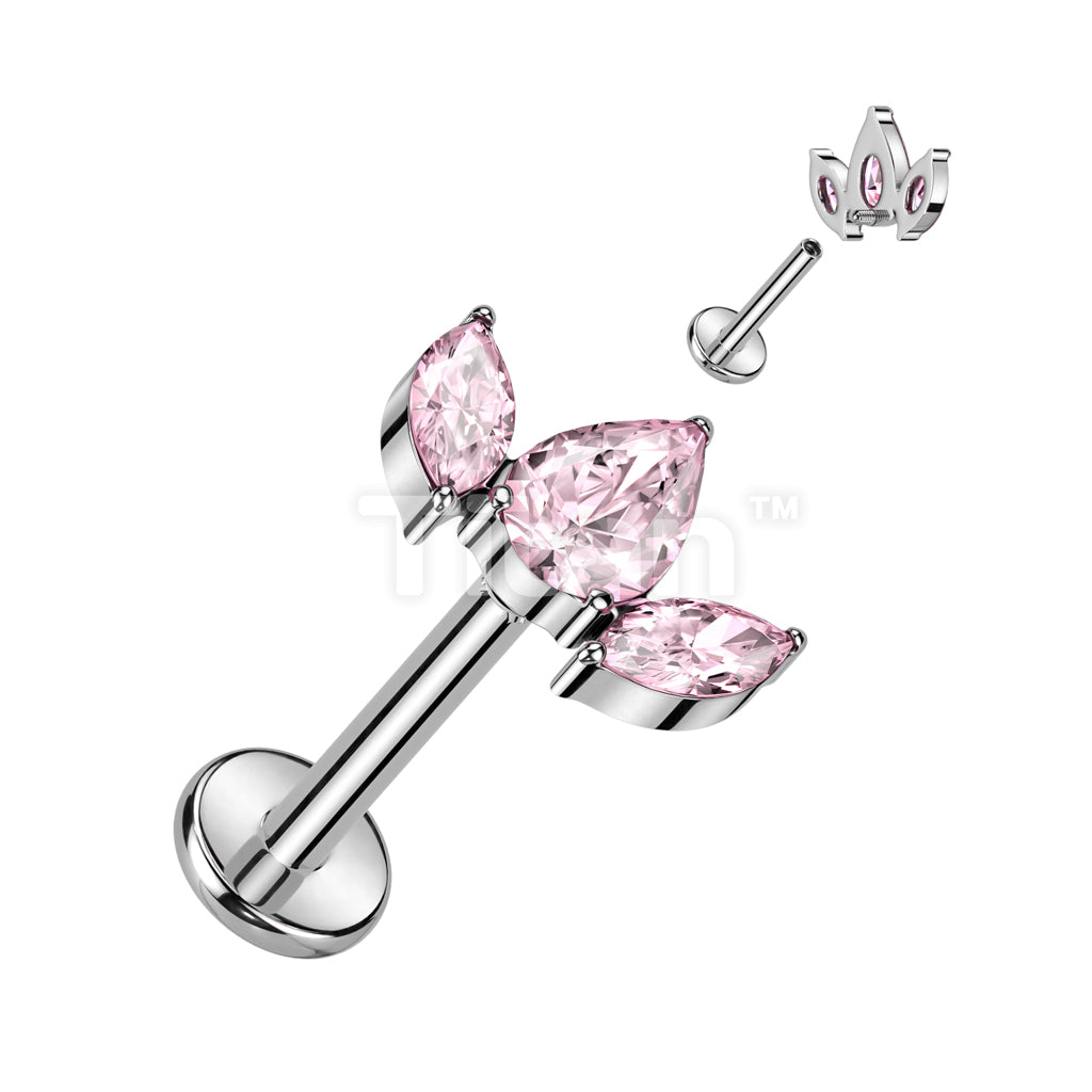 Implant Grade Titanium Internally Threaded Labret With Pear CZ Between 2 Marquise CZ Top - Image 4