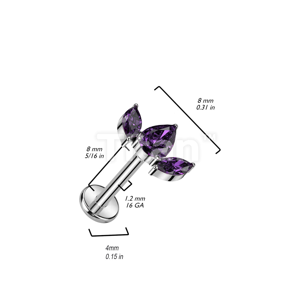 Implant Grade Titanium Internally Threaded Labret With Pear CZ Between 2 Marquise CZ Top - Image 5