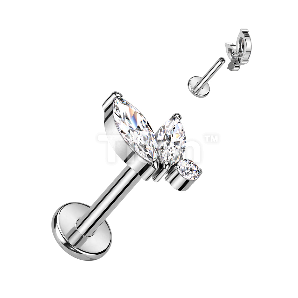 Implant Grade Titanium Internally Threaded Labret With Double Marquise and Round CZ Top - Image 2