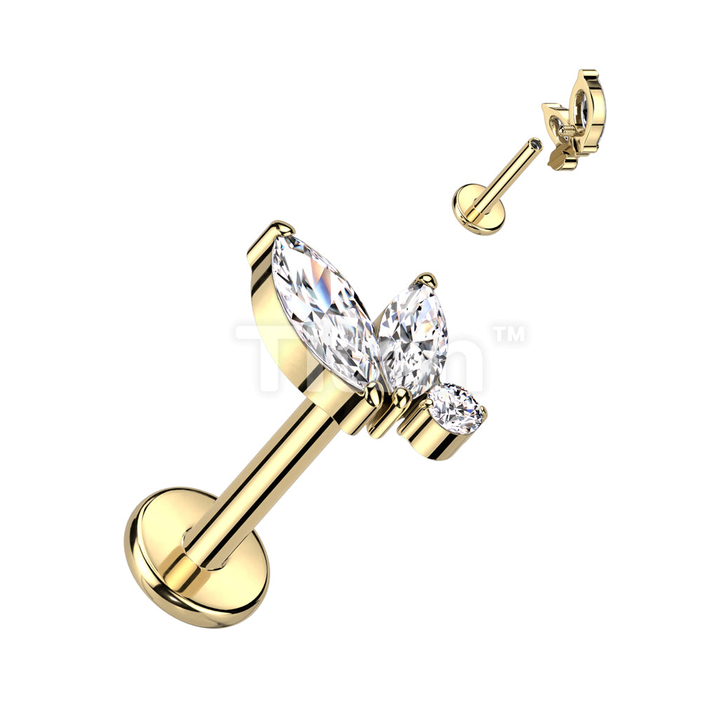 Implant Grade Titanium Internally Threaded Labret With Double Marquise and Round CZ Top - Image 4