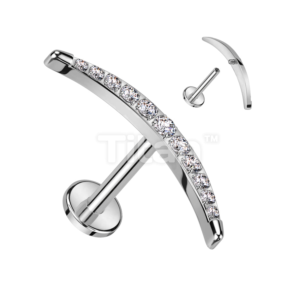 Implant Grade Titanium Internally Threaded Labret With CZ Pave Long Crescent Moon Top - Image 2