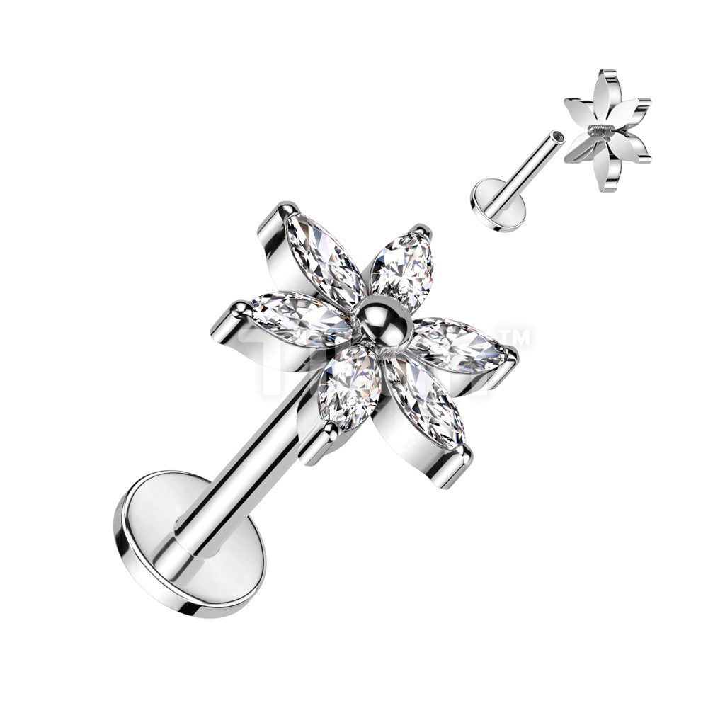 Implant Grade Titanium Internally Threaded Labret With 6 Marquise CZ Petals Flower - Image 2