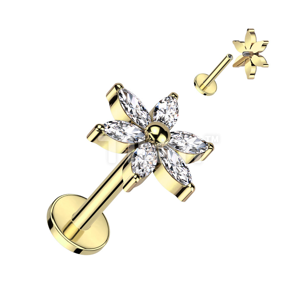 Implant Grade Titanium Internally Threaded Labret With 6 Marquise CZ Petals Flower - Image 3