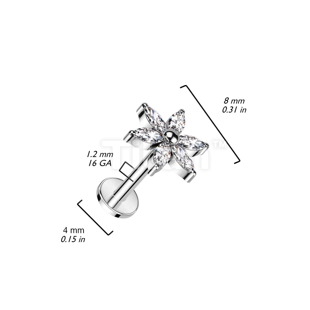 Implant Grade Titanium Internally Threaded Labret With 6 Marquise CZ Petals Flower - Image 4