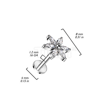 Implant Grade Titanium Internally Threaded Labret With 6 Marquise CZ Petals Flower - Image 4