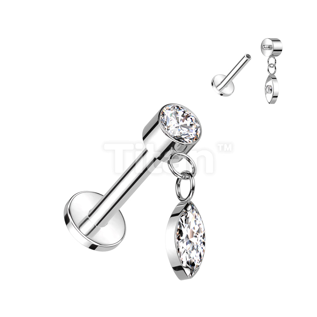 Implant Grade Titanium Internally Threaded Labret With Round Bezel Set CZ and Marquise CZ Dangle Top - Image 2