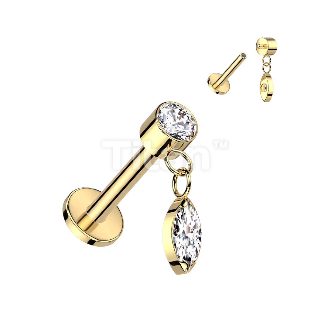 Implant Grade Titanium Internally Threaded Labret With Round Bezel Set CZ and Marquise CZ Dangle Top - Image 3