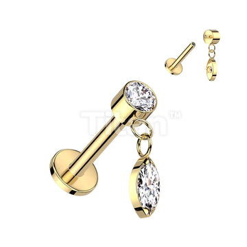 Implant Grade Titanium Internally Threaded Labret With Round Bezel Set CZ and Marquise CZ Dangle Top - Image 3
