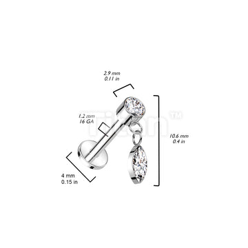 Implant Grade Titanium Internally Threaded Labret With Round Bezel Set CZ and Marquise CZ Dangle Top - Image 4
