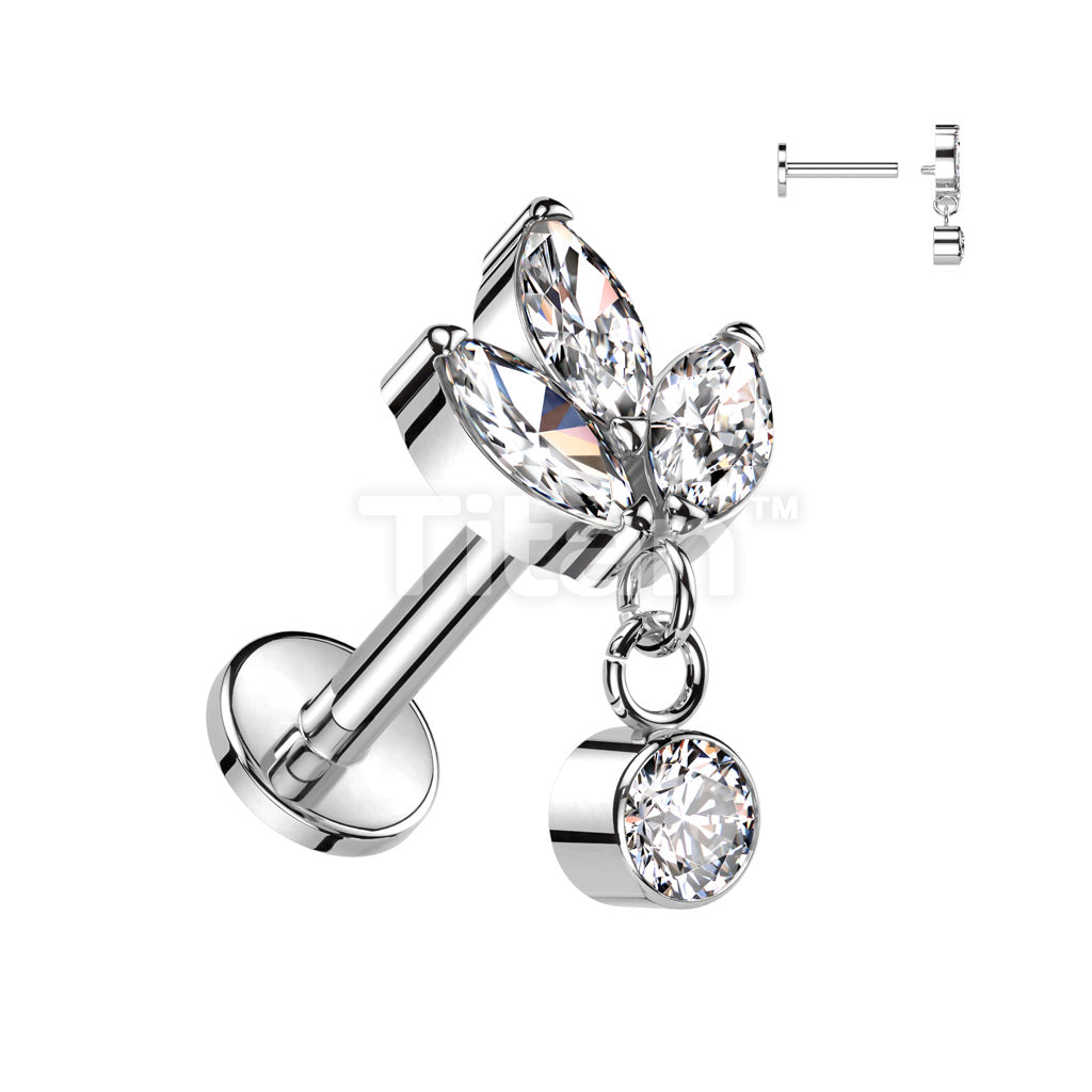 Implant Grade Titanium Internally Threaded Labret With 3 Marquise CZ With Round Bezel Set CZ Dangle Top - Image 2
