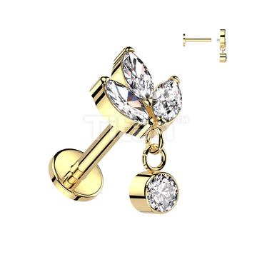 Implant Grade Titanium Internally Threaded Labret With 3 Marquise CZ With Round Bezel Set CZ Dangle Top - Image 3