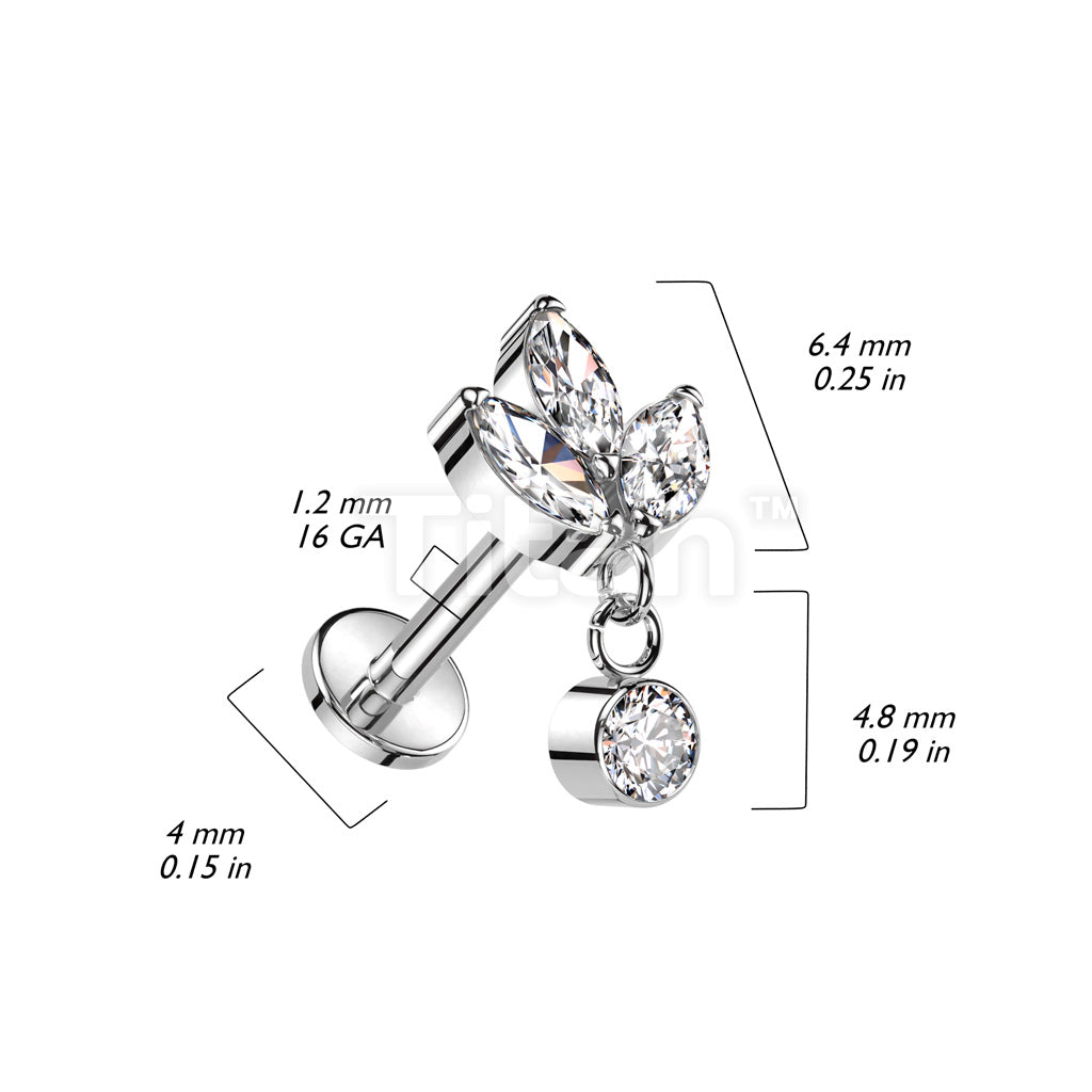 Implant Grade Titanium Internally Threaded Labret With 3 Marquise CZ With Round Bezel Set CZ Dangle Top - Image 4