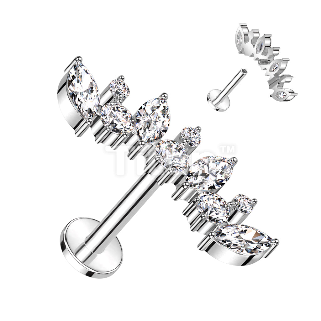 Implant Grade Titanium Internally Threaded Labret With Round and Marquise CZ Curved Top - Image 2