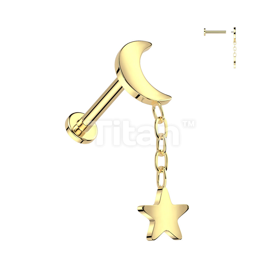 Implant Grade Titanium Internally Threaded Labret Crescent Moon With Star Dangle Top - Image 2