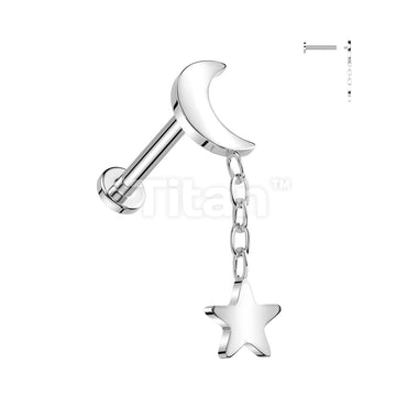 Implant Grade Titanium Internally Threaded Labret Crescent Moon With Star Dangle Top - Image 3