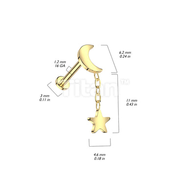 Implant Grade Titanium Internally Threaded Labret Crescent Moon With Star Dangle Top - Image 4