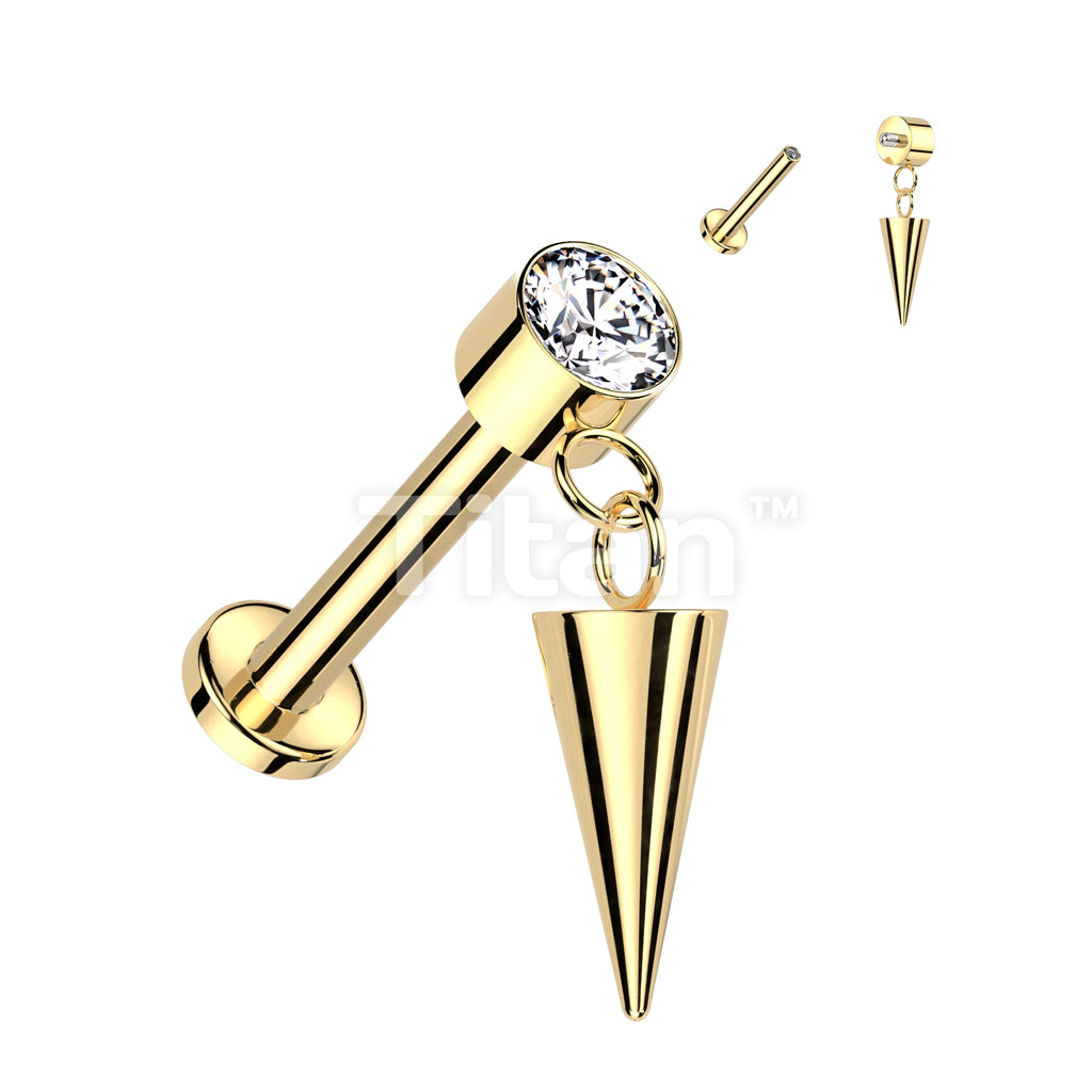 Implant Grade Titanium Internally Threaded Labret With Round Bezel Set CZ and Cone Dangle Top - Image 2
