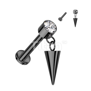 Implant Grade Titanium Internally Threaded Labret With Round Bezel Set CZ and Cone Dangle Top - Image 3