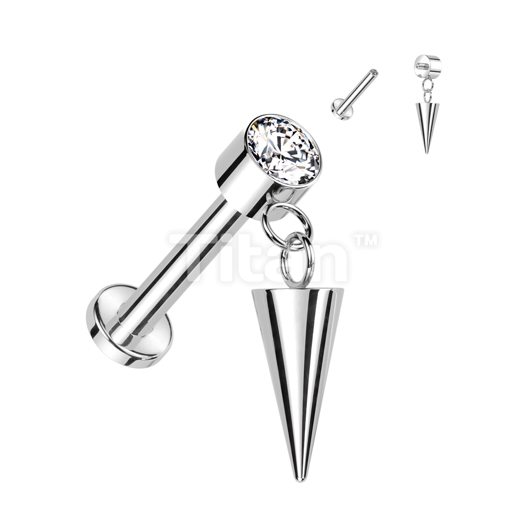 Implant Grade Titanium Internally Threaded Labret With Round Bezel Set CZ and Cone Dangle Top - Image 4
