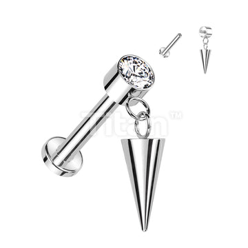 Implant Grade Titanium Internally Threaded Labret With Round Bezel Set CZ and Cone Dangle Top - Image 4