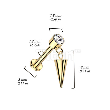 Implant Grade Titanium Internally Threaded Labret With Round Bezel Set CZ and Cone Dangle Top - Image 5