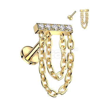 Implant Grade Titanium Internally Threaded Labret CNC CZ Set Rectangle Top With Double Chain Dangle - Image 2