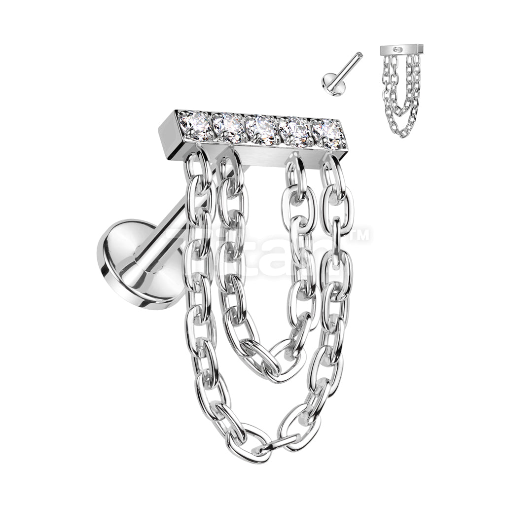 Implant Grade Titanium Internally Threaded Labret CNC CZ Set Rectangle Top With Double Chain Dangle - Image 3