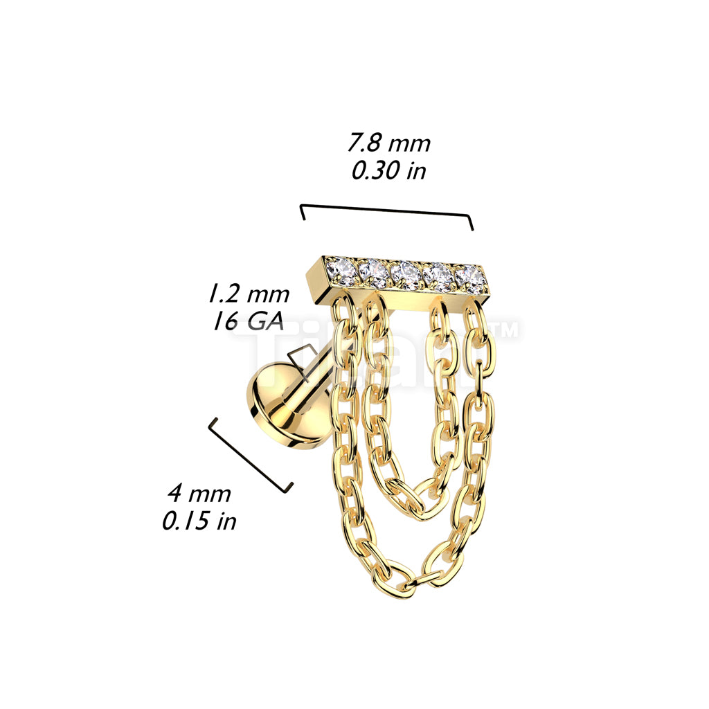 Implant Grade Titanium Internally Threaded Labret CNC CZ Set Rectangle Top With Double Chain Dangle - Image 4