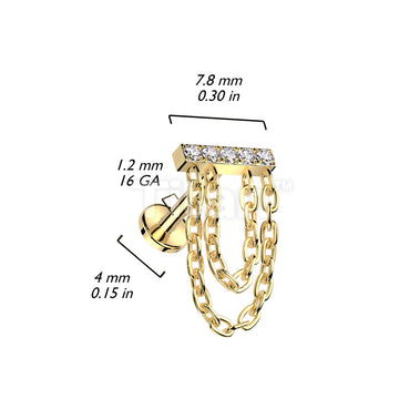 Implant Grade Titanium Internally Threaded Labret CNC CZ Set Rectangle Top With Double Chain Dangle - Image 4