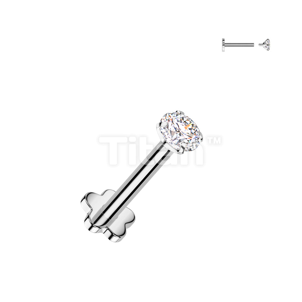 Implant Grade Titanium Internally Threaded Flower Base Flat Back Stud With Prong Set Round CZ Top - Image 2