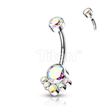 Implant Grade Titanium Internally Threaded Round Bezel Set CZ Cluster Belly Button Ring - Image 3