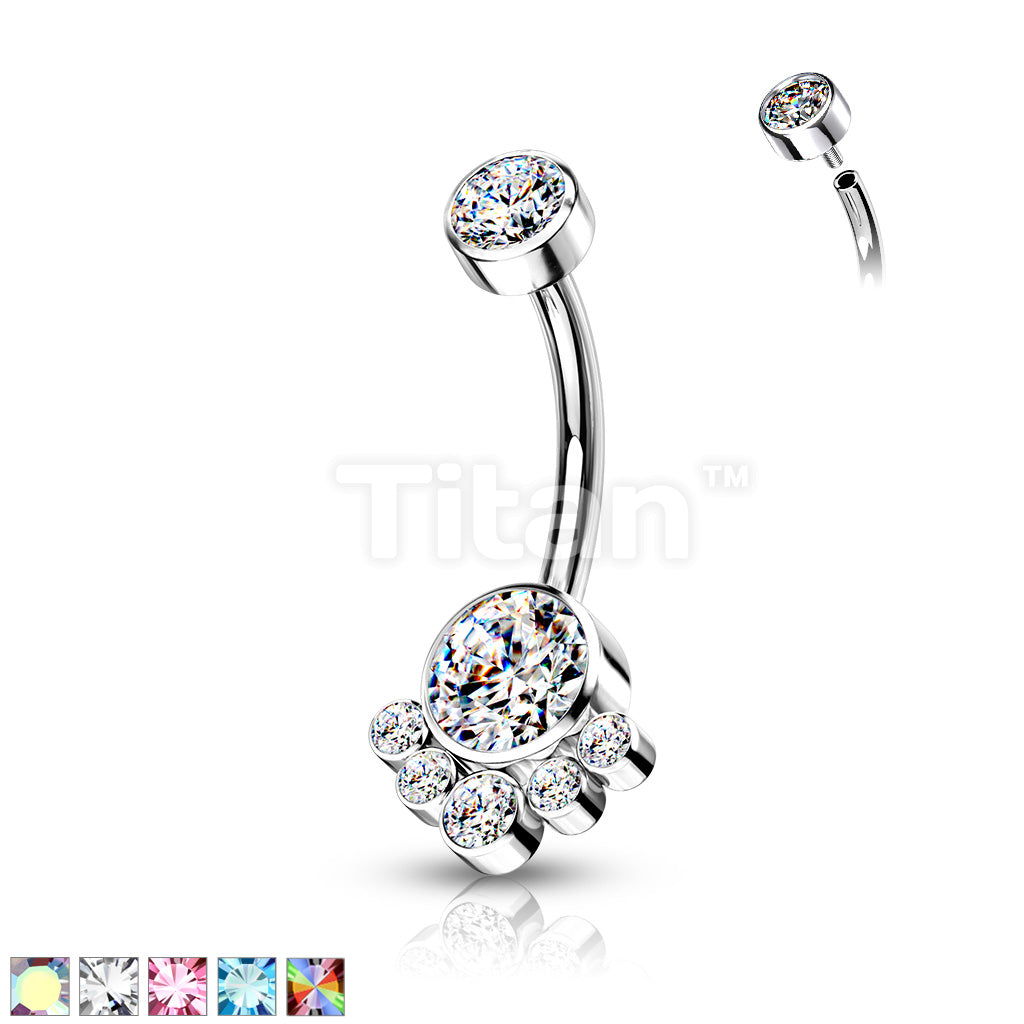 Implant Grade Titanium Internally Threaded Round Bezel Set CZ Cluster Belly Button Ring - Image 2