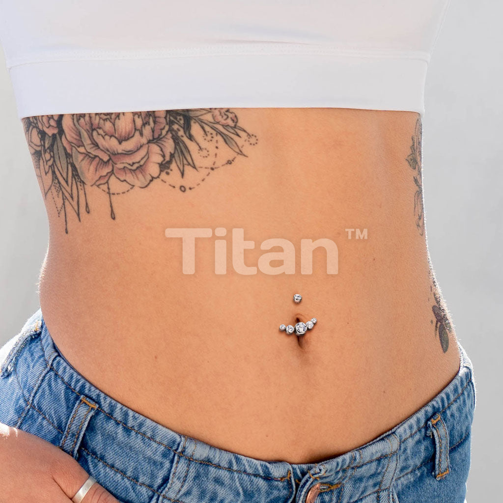 Implant Grade Titanium Internally Threaded CZ Bezel Set Top With 5-CZ Curved Line Belly Button Ring - Image 7
