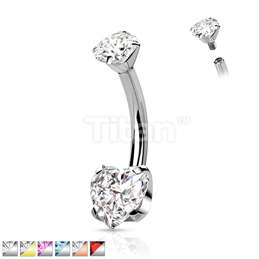 Implant Grade Titanium Internally Threaded Round CZ Top With Bottom Prong Set Heart CZ Belly Button Ring - Image 2
